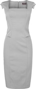 Women's Dominique Grosgrain Dress, Silver - style: shift; neckline: high square neck; sleeve style: capped; pattern: plain; waist detail: twist front waist detail/nipped in at waist on one side/soft pleats/draping/ruching/gathering waist detail; predominant colour: silver; occasions: evening, work, occasion; length: on the knee; fit: body skimming; fibres: polyester/polyamide - mix; sleeve length: short sleeve; trends: glamorous day shifts; pattern type: fabric; pattern size: standard; texture group: other - light to midweight