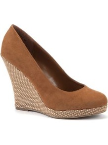 Brown Suedette Rafia Wedges - predominant colour: tan; occasions: evening, work, holiday; material: faux leather; heel height: high; heel: wedge; toe: round toe; style: courts; finish: plain; pattern: plain