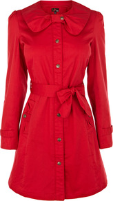 Tie Trench Coat - pattern: plain; style: trench coat; length: mid thigh; predominant colour: true red; occasions: casual, work; fit: tailored/fitted; fibres: polyester/polyamide - 100%; collar: shirt collar/peter pan/zip with opening; waist detail: belted waist/tie at waist/drawstring; sleeve length: long sleeve; sleeve style: standard; texture group: cotton feel fabrics; collar break: high/illusion of break when open; pattern type: fabric; pattern size: standard
