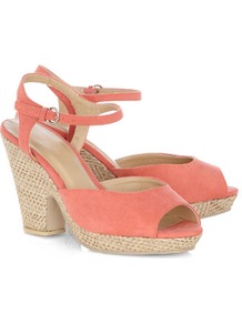 Coral Notch Heel Sandals - predominant colour: coral; occasions: casual, evening, holiday; material: fabric; heel height: high; embellishment: buckles; ankle detail: ankle strap; heel: platform; toe: open toe/peeptoe; style: standard; finish: plain; pattern: plain