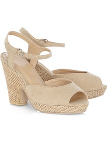 Stone Notch Heel Sandals - predominant colour: ivory; occasions: casual, evening, holiday; material: fabric; heel height: high; embellishment: buckles; ankle detail: ankle strap; heel: platform; toe: open toe/peeptoe; style: standard; finish: plain; pattern: plain