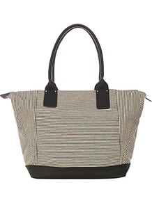 Stripe Canvas Shopper Handbag, Black - predominant colour: black; occasions: casual, work, holiday; type of pattern: standard; style: tote; length: shoulder (tucks under arm); size: standard; material: fabric; pattern: plain, striped; finish: plain