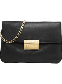 Sloan Chain Clutch Handbag, Black - predominant colour: black; occasions: casual, evening, occasion; type of pattern: light; style: clutch; length: hand carry; size: small; material: leather; pattern: plain; finish: plain; embellishment: chain/metal