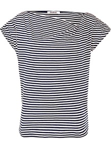 Jersey Ruched Shoulder Top - neckline: cowl/draped neck; sleeve style: capped; pattern: horizontal stripes, striped; bust detail: ruching/gathering/draping/layers/pintuck pleats at bust; predominant colour: black; occasions: casual, evening, work; length: standard; style: top; fibres: cotton - 100%; fit: body skimming; sleeve length: short sleeve; pattern type: fabric; pattern size: standard; texture group: jersey - stretchy/drapey