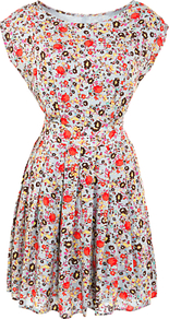 Antello Ditsy Floral Dress - length: mid thigh; neckline: slash/boat neckline; sleeve style: capped; waist detail: fitted waist, twist front waist detail/nipped in at waist on one side/soft pleats/draping/ruching/gathering waist detail; occasions: casual, evening, work, holiday; fit: fitted at waist & bust; style: fit & flare; fibres: polyester/polyamide - 100%; hip detail: soft pleats at hip/draping at hip/flared at hip; predominant colour: multicoloured; sleeve length: short sleeve; trends: high impact florals; pattern type: fabric; pattern size: small & busy; pattern: florals, patterned/print; texture group: jersey - stretchy/drapey