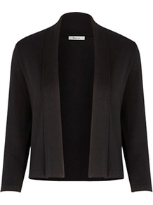 Fold Collar Shrug - pattern: plain; neckline: shawl; style: bolero/shrug; length: cropped; predominant colour: black; occasions: casual, evening, work, occasion; fit: standard fit; sleeve length: 3/4 length; sleeve style: standard; pattern type: fabric; pattern size: standard; texture group: jersey - stretchy/drapey; fibres: viscose/rayon - mix