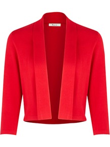 Fold Collar Shrug - pattern: plain; neckline: shawl; style: bolero/shrug; length: cropped; predominant colour: true red; occasions: casual, evening, work, occasion; fit: standard fit; sleeve length: 3/4 length; sleeve style: standard; texture group: knits/crochet; pattern type: fabric; pattern size: standard; fibres: viscose/rayon - mix