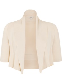 Knitted Bolero Cardigan - pattern: plain; neckline: shawl; style: bolero/shrug; length: cropped; predominant colour: ivory; occasions: evening, work, occasion; fibres: nylon - 100%; fit: standard fit; sleeve length: short sleeve; sleeve style: standard; texture group: knits/crochet; pattern type: knitted - fine stitch; pattern size: standard