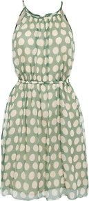 Silk Chiffon Spot Print Dress - style: shift; fit: fitted at waist; sleeve style: sleeveless; waist detail: fitted waist, belted waist/tie at waist/drawstring; neckline: halter neck; pattern: polka dot; predominant colour: pistachio; occasions: casual, evening, holiday; length: just above the knee; fibres: silk - 100%; hip detail: soft pleats at hip/draping at hip/flared at hip; sleeve length: sleeveless; texture group: sheer fabrics/chiffon/organza etc.; pattern type: fabric; pattern size: small & busy