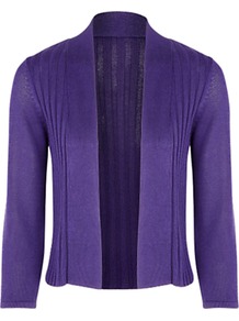 Ribbed Cardigan - pattern: plain; neckline: shawl; style: open front; predominant colour: purple; occasions: casual, evening, work; length: standard; fibres: nylon - 100%; fit: slim fit; sleeve length: 3/4 length; sleeve style: standard; texture group: knits/crochet; pattern type: knitted - fine stitch; pattern size: standard