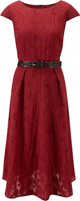 Pimento Burnout Dress - length: below the knee; neckline: round neck; sleeve style: capped; pattern: plain; waist detail: belted waist/tie at waist/drawstring; predominant colour: true red; occasions: casual, evening, work, occasion; fit: fitted at waist & bust; style: fit & flare; sleeve length: short sleeve; texture group: lace; pattern type: fabric; pattern size: standard; fibres: viscose/rayon - mix