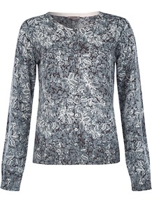 Lace Print Cardigan - neckline: round neck; predominant colour: mid grey; occasions: casual, work; length: standard; style: standard; fibres: wool - 100%; fit: standard fit; sleeve length: long sleeve; sleeve style: standard; texture group: knits/crochet; pattern type: knitted - fine stitch; pattern size: small & busy; pattern: patterned/print