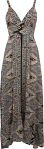 Paisley Print Maxi Dress - style: empire line; neckline: low v-neck; sleeve style: spaghetti straps; fit: empire; length: ankle length; pattern: paisley; occasions: evening, occasion; fibres: cotton - 100%; predominant colour: multicoloured; sleeve length: sleeveless; pattern type: fabric; pattern size: small & busy; texture group: other - light to midweight