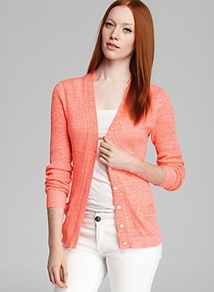 Cardigan Farrah - neckline: low v-neck; pattern: plain; predominant colour: coral; occasions: casual, work; length: standard; style: standard; fibres: linen - mix; fit: slim fit; waist detail: fitted waist; sleeve length: long sleeve; sleeve style: standard; texture group: knits/crochet; pattern type: knitted - fine stitch; pattern size: standard