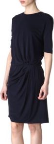 Pim Jersey Dress - style: faux wrap/wrap; pattern: plain; waist detail: fitted waist; bust detail: ruching/gathering/draping/layers/pintuck pleats at bust; predominant colour: navy; occasions: casual, evening, work; length: just above the knee; fit: body skimming; fibres: viscose/rayon - 100%; neckline: crew; hip detail: soft pleats at hip/draping at hip/flared at hip; back detail: keyhole/peephole detail at back; sleeve length: half sleeve; sleeve style: standard; pattern type: fabric; pattern size: standard; texture group: jersey - stretchy/drapey