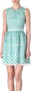 Embroidered Organza Dress - length: mid thigh; sleeve style: sleeveless; waist detail: fitted waist; predominant colour: turquoise; occasions: casual, evening; fit: fitted at waist & bust; style: fit & flare; fibres: silk - 100%; neckline: crew; hip detail: soft pleats at hip/draping at hip/flared at hip; sleeve length: sleeveless; texture group: sheer fabrics/chiffon/organza etc.; pattern type: fabric; pattern size: small & busy; pattern: patterned/print; embellishment: embroidered