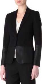 Leather Panel Blazer - pattern: plain; style: single breasted blazer; collar: standard lapel/rever collar; predominant colour: black; occasions: evening, work, occasion; length: standard; fit: tailored/fitted; fibres: polyester/polyamide - stretch; waist detail: fitted waist; sleeve length: long sleeve; sleeve style: standard; texture group: leather; collar break: low/open; pattern type: fabric; pattern size: standard