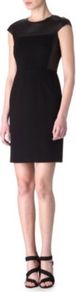 Jada Leather Dress - style: shift; neckline: round neck; sleeve style: capped; fit: tight; pattern: plain, colourblock; waist detail: fitted waist; shoulder detail: contrast pattern/fabric at shoulder; back detail: contrast pattern/fabric at back; predominant colour: black; occasions: evening, work, occasion; length: just above the knee; fibres: polyester/polyamide - stretch; sleeve length: short sleeve; trends: glamorous day shifts; pattern type: fabric; pattern size: standard; texture group: jersey - stretchy/drapey