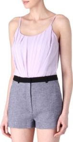 Edith Bodysuit - neckline: round neck; sleeve style: spaghetti straps; pattern: plain; predominant colour: lilac; occasions: casual, evening, work; length: standard; style: top; fibres: polyester/polyamide - 100%; fit: body skimming; hip detail: contrast fabric/print detail at hip; sleeve length: sleeveless; texture group: crepes; bust detail: tiers/frills/bulky drapes/pleats; pattern type: fabric; pattern size: standard