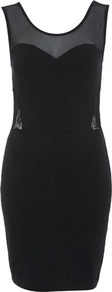 Lace Panel Bodycon Dress - length: mid thigh; neckline: round neck; fit: tight; pattern: plain; sleeve style: sleeveless; style: bodycon; bust detail: sheer at bust; waist detail: fitted waist; back detail: cowl/draping/scoop at back; hip detail: fitted at hip; shoulder detail: contrast pattern/fabric at shoulder; predominant colour: black; occasions: evening; fibres: cotton - stretch; sleeve length: sleeveless; texture group: lace; pattern type: fabric; pattern size: small & light