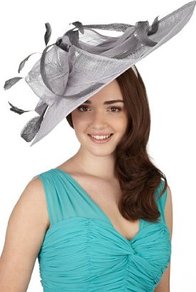 Faux Feather & Swirl Mesh Disc Headband - predominant colour: light grey; occasions: evening, occasion; type of pattern: standard; style: fascinator; size: large; material: sinamay; embellishment: feather; pattern: plain; trends: sculptural frills
