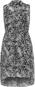 Grey Animal Shirt Dress - style: shirt; neckline: shirt collar/peter pan/zip with opening; fit: fitted at waist; sleeve style: sleeveless; waist detail: elasticated waist; bust detail: buttons at bust (in middle at breastbone)/zip detail at bust; predominant colour: charcoal; occasions: casual, evening; length: just above the knee; fibres: polyester/polyamide - 100%; hip detail: soft pleats at hip/draping at hip/flared at hip; back detail: longer hem at back than at front; sleeve length: sleeveless; texture group: sheer fabrics/chiffon/organza etc.; pattern type: fabric; pattern size: big & busy; pattern: patterned/print