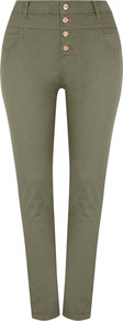 Khaki High Waist Jeans - length: standard; pattern: plain; waist: high rise; pocket detail: traditional 5 pocket; style: slim leg; predominant colour: khaki; occasions: casual; fibres: cotton - mix; texture group: denim; pattern type: fabric; pattern size: standard