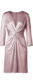 Pale Mauve Draped Silk Jersey Dress - style: shift; neckline: plunge; fit: tailored/fitted; pattern: plain; waist detail: twist front waist detail/nipped in at waist on one side/soft pleats/draping/ruching/gathering waist detail; bust detail: ruching/gathering/draping/layers/pintuck pleats at bust; predominant colour: blush; occasions: evening, occasion; length: on the knee; fibres: silk - 100%; hip detail: soft pleats at hip/draping at hip/flared at hip; sleeve length: 3/4 length; sleeve style: standard; texture group: silky - light; pattern type: fabric; pattern size: standard