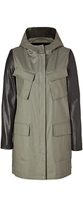 Olive/Black Coated Cotton Coat With Leather Sleeves - pattern: plain; length: below the bottom; style: parka; back detail: hood; collar: high neck; predominant colour: khaki; occasions: casual; fit: straight cut (boxy); fibres: cotton - stretch; sleeve length: long sleeve; sleeve style: standard; texture group: waxed cotton; collar break: high; pattern type: fabric; pattern size: standard