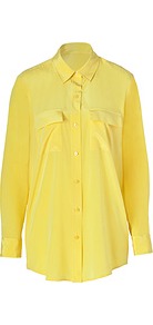 Citrus Roll Sleeve Silk Blouse - neckline: shirt collar/peter pan/zip with opening; pattern: plain; length: below the bottom; style: shirt; bust detail: pocket detail at bust; predominant colour: yellow; occasions: casual, evening, work; fibres: silk - mix; fit: loose; back detail: longer hem at back than at front; sleeve length: long sleeve; sleeve style: standard; texture group: silky - light; trends: volume; pattern type: fabric