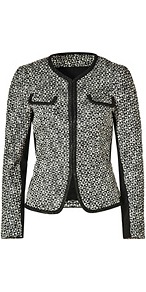 Black/Cream Basket Tweed Jacket - style: single breasted blazer; bust detail: added detail/embellishment at bust; collar: round collar/collarless; pattern: herringbone/tweed; predominant colour: black; occasions: casual, evening, work, occasion; length: standard; fit: straight cut (boxy); fibres: cotton - 100%; sleeve length: long sleeve; sleeve style: standard; collar break: high; pattern type: fabric; pattern size: light/subtle; texture group: tweed - light/midweight