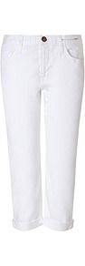 White Cotton Sugar Boyfriend Jeans - pattern: plain; pocket detail: traditional 5 pocket; style: slim leg; waist: mid/regular rise; predominant colour: white; occasions: casual, holiday; length: calf length; fibres: cotton - stretch; jeans & bottoms detail: turn ups; texture group: denim; pattern type: fabric; pattern size: standard
