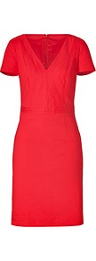 Passion Fruit V Neck Dress - style: shift; length: mid thigh; neckline: low v-neck; fit: tailored/fitted; pattern: plain; waist detail: fitted waist; hip detail: fitted at hip; predominant colour: true red; occasions: casual, evening, work, occasion; sleeve length: short sleeve; sleeve style: standard; texture group: structured shiny - satin/tafetta/silk etc.; pattern type: fabric; fibres: viscose/rayon - mix