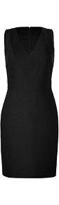 Black Textured Linen Blend Sheath Dress - style: shift; neckline: low v-neck; pattern: plain; sleeve style: sleeveless; waist detail: fitted waist; hip detail: fitted at hip; predominant colour: black; occasions: casual, evening, work; length: just above the knee; fit: body skimming; fibres: linen - mix; sleeve length: sleeveless; texture group: linen; trends: glamorous day shifts; pattern type: fabric; pattern size: standard