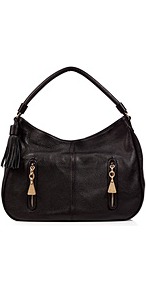 Black Textured Leather Tasseled Hobo - predominant colour: black; occasions: casual, work; type of pattern: standard; style: shoulder; length: shoulder (tucks under arm); size: standard; material: leather; embellishment: tassels; pattern: plain; finish: plain