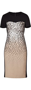 Black Multi Paneled Sheath Dress - style: shift; neckline: round neck; waist detail: fitted waist; predominant colour: taupe; occasions: evening, work, occasion; length: on the knee; fit: body skimming; fibres: polyester/polyamide - mix; bust detail: contrast pattern/fabric/detail at bust; sleeve length: short sleeve; sleeve style: standard; trends: glamorous day shifts; pattern type: fabric; pattern size: standard; pattern: colourblock; texture group: jersey - stretchy/drapey