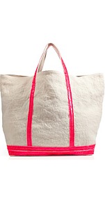 White/Neon Rose Linen Tote - predominant colour: white; occasions: casual, holiday; type of pattern: standard; style: tote; length: handle; size: standard; material: fabric; embellishment: sequins; pattern: plain; finish: plain