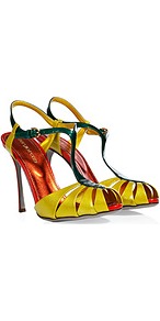 Yellow/Forest Patent Leather Sandals - predominant colour: yellow; occasions: evening, occasion; material: leather; embellishment: buckles; ankle detail: ankle strap; heel: stiletto; toe: open toe/peeptoe; style: strappy; finish: patent; pattern: colourblock; heel height: very high