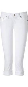 Optic White Rinse Lizzy Rolled Cuff Capris - style: skinny leg; pattern: plain; waist: low rise; pocket detail: traditional 5 pocket; predominant colour: white; occasions: casual, holiday; length: calf length; fibres: cotton - stretch; jeans & bottoms detail: turn ups; texture group: denim; pattern type: fabric
