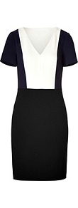 Black/White Colorblock V Neck Dress - style: shift; neckline: low v-neck; fit: tailored/fitted; waist detail: fitted waist; predominant colour: black; occasions: casual, evening, work; length: just above the knee; bust detail: contrast pattern/fabric/detail at bust; sleeve length: short sleeve; sleeve style: standard; pattern type: fabric; pattern size: big & light; pattern: colourblock; texture group: jersey - stretchy/drapey; fibres: viscose/rayon - mix