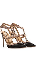 Black/Powder Leather Rockstud Pumps - predominant colour: black; occasions: evening, work, occasion; material: leather; heel height: high; embellishment: buckles, studs; ankle detail: ankle strap; heel: stiletto; toe: pointed toe; style: t-bar; finish: plain; pattern: two-tone