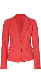 Passion Fruit Textured Linen Blend Blazer - pattern: plain; style: single breasted blazer; collar: standard lapel/rever collar; predominant colour: coral; occasions: evening, work, occasion; length: standard; fit: tailored/fitted; fibres: linen - mix; waist detail: fitted waist; sleeve length: long sleeve; sleeve style: standard; collar break: low/open; pattern type: fabric; pattern size: standard; texture group: woven light midweight