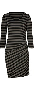 Taupe/Black Side Drape Jersey Dress - style: t-shirt; neckline: round neck; pattern: horizontal stripes; predominant colour: mid grey; occasions: casual, evening, work; length: just above the knee; fit: body skimming; fibres: viscose/rayon - stretch; hip detail: soft pleats at hip/draping at hip/flared at hip; sleeve length: 3/4 length; sleeve style: standard; pattern type: fabric; pattern size: standard; texture group: jersey - stretchy/drapey