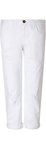 White Cotton Sugar Destroyed Jeans - style: boyfriend; pattern: plain; pocket detail: traditional 5 pocket; waist: mid/regular rise; predominant colour: white; occasions: casual, holiday; length: calf length; fibres: cotton - stretch; jeans & bottoms detail: turn ups; texture group: denim; pattern type: fabric