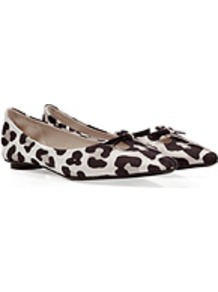 Black/White Leopard Print Fabric Flats - occasions: casual, evening, work; material: fabric; heel height: flat; toe: pointed toe; style: ballerinas / pumps; predominant colour: monochrome; finish: plain; pattern: animal print; embellishment: bow