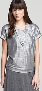 Metallic Dolman Wedge Top - neckline: round neck; pattern: plain; predominant colour: silver; occasions: casual, evening, work, holiday; length: standard; style: top; fibres: linen - 100%; fit: loose; sleeve length: short sleeve; sleeve style: standard; trends: metallics; pattern type: fabric; pattern size: standard; texture group: jersey - stretchy/drapey