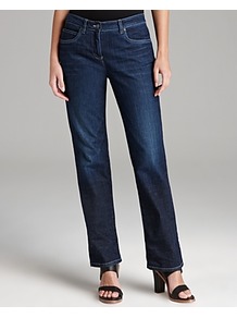 Straight Jeans - style: straight leg; length: standard; pattern: plain; waist: high rise; pocket detail: traditional 5 pocket; predominant colour: navy; occasions: casual; fibres: cotton - mix; jeans detail: whiskering, shading down centre of thigh, washed/faded; texture group: denim; pattern type: fabric; pattern size: standard