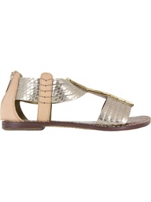 Gatsby Light Gold Metal Sandals - occasions: casual, holiday; predominant colour: multicoloured; material: leather; heel height: flat; embellishment: beading; ankle detail: ankle strap; heel: standard; toe: open toe/peeptoe; style: gladiators; trends: metallics; finish: metallic; pattern: colourblock
