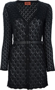 Long Knit Cardigan - neckline: low v-neck; hip detail: fitted at hip; predominant colour: black; occasions: casual, work; length: standard; style: standard; fibres: viscose/rayon - 100%; fit: standard fit; waist detail: belted waist/tie at waist/drawstring; sleeve length: long sleeve; sleeve style: standard; texture group: knits/crochet; pattern type: knitted - other; pattern size: standard; pattern: patterned/print