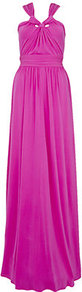 Knotted Neck Gown - neckline: v-neck; fit: fitted at waist; pattern: plain; sleeve style: sleeveless; style: maxi dress; waist detail: fitted waist, wide waistband/cummerbund, twist front waist detail/nipped in at waist on one side/soft pleats/draping/ruching/gathering waist detail; bust detail: ruching/gathering/draping/layers/pintuck pleats at bust, knot twist front detail at bust; predominant colour: hot pink; occasions: evening, occasion; length: floor length; fibres: polyester/polyamide - 100%; hip detail: soft pleats at hip/draping at hip/flared at hip; back detail: crossover, keyhole/peephole detail at back; sleeve length: sleeveless; pattern type: fabric; texture group: jersey - stretchy/drapey